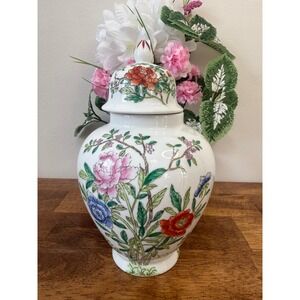 Vintage Japanese Porcelain Ginger Jar Hand Decorated Floral Macau Lidded Vase